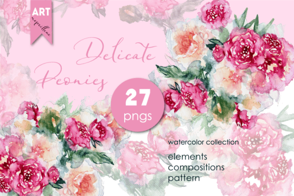 Clipart with Delicate Peonies, 27 Pngs
